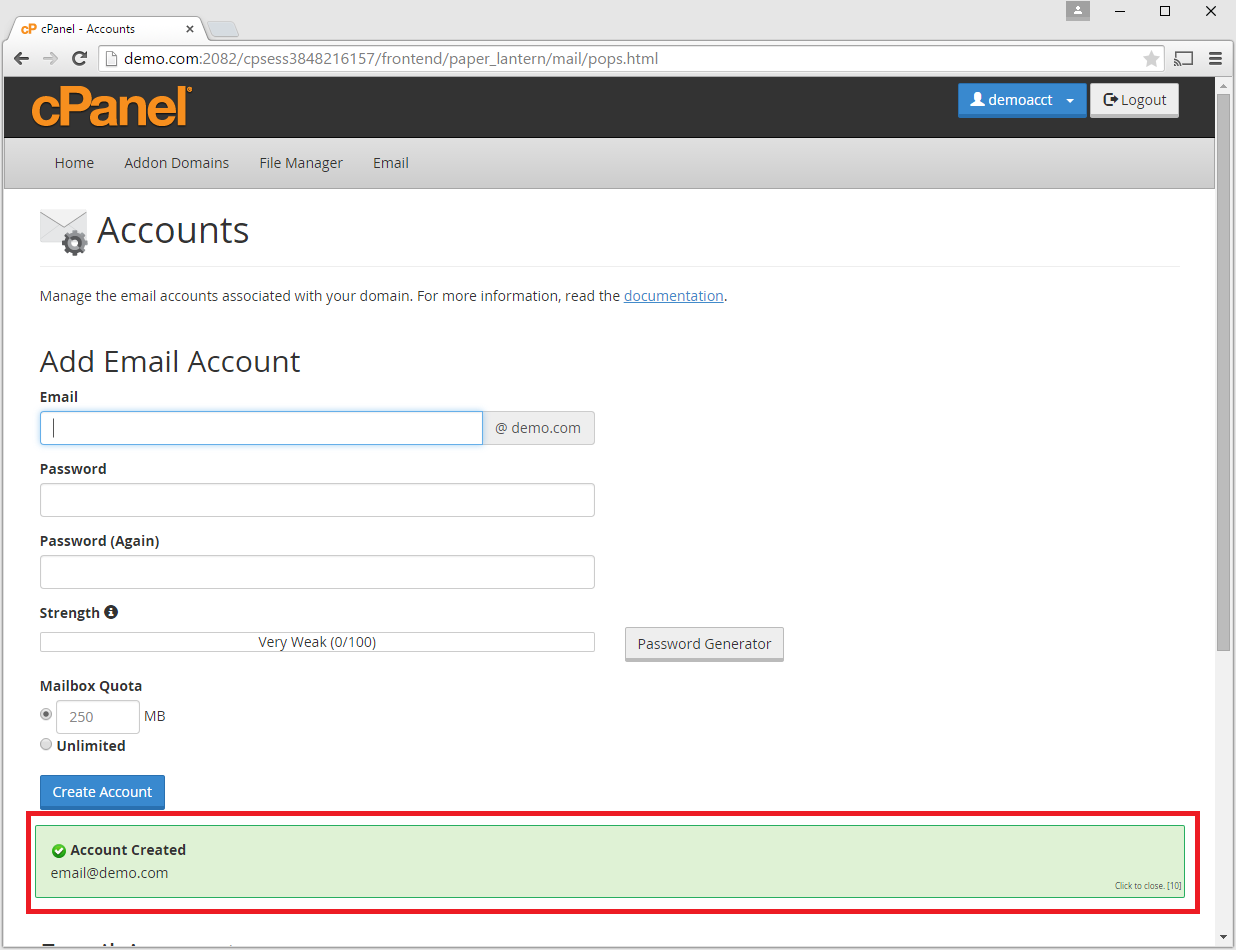 cPanel Email account created
